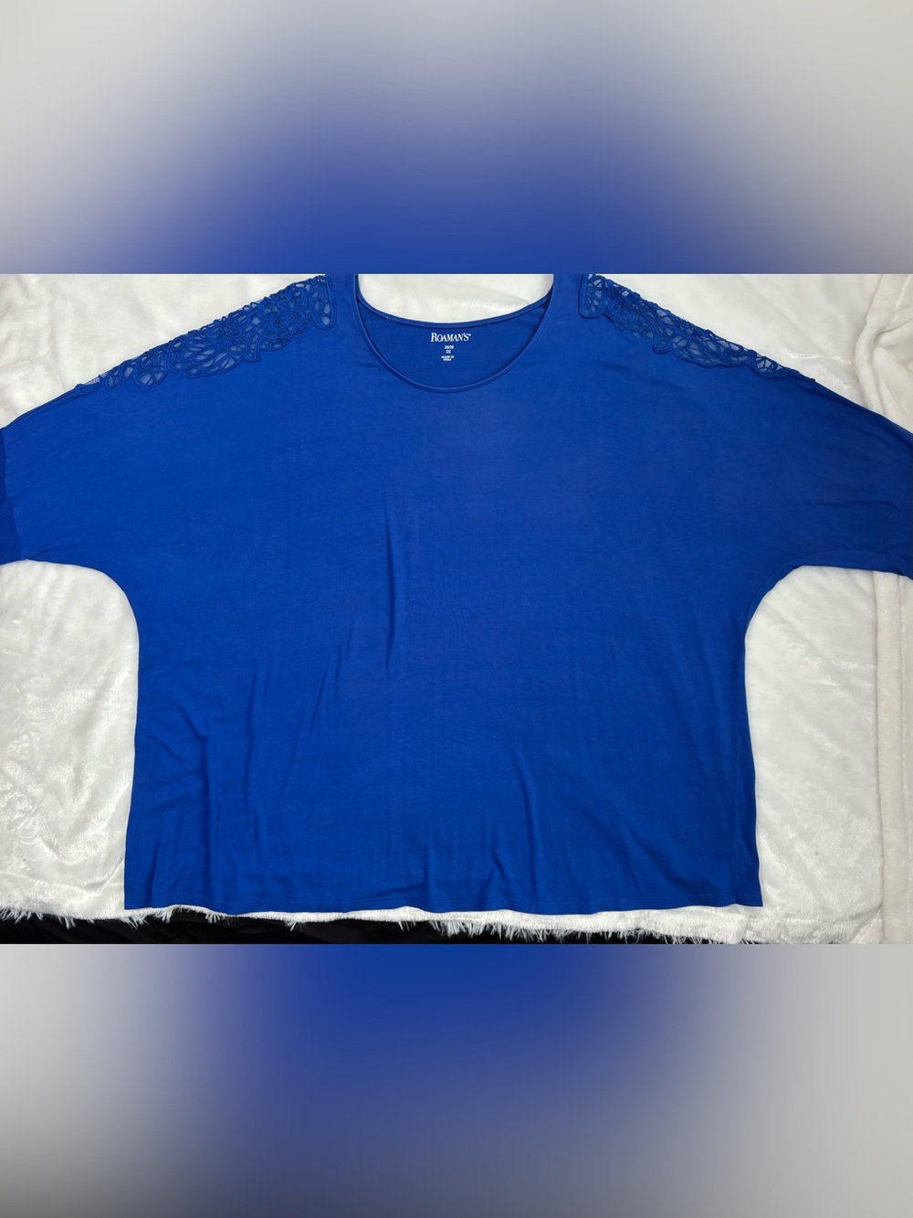 Women’s tunic top, over-sized royal blue 3/4 dolman sleeve with lace detail